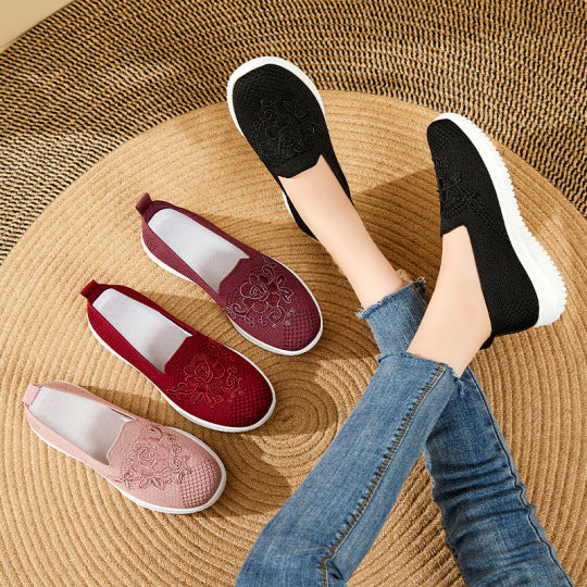 Women's Knitted Embroidery Sneakers, Lightweight Breathable Slip On Orthopedic Soft Sole Shoes